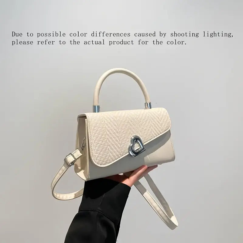 Beige handbag held by a person against a gray background with text about color differences.