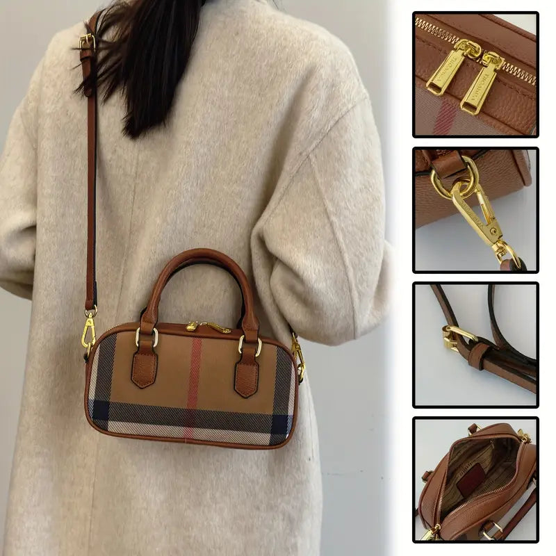 Brown checkered handbag with gold hardware worn by a person, with close-up insets of details.