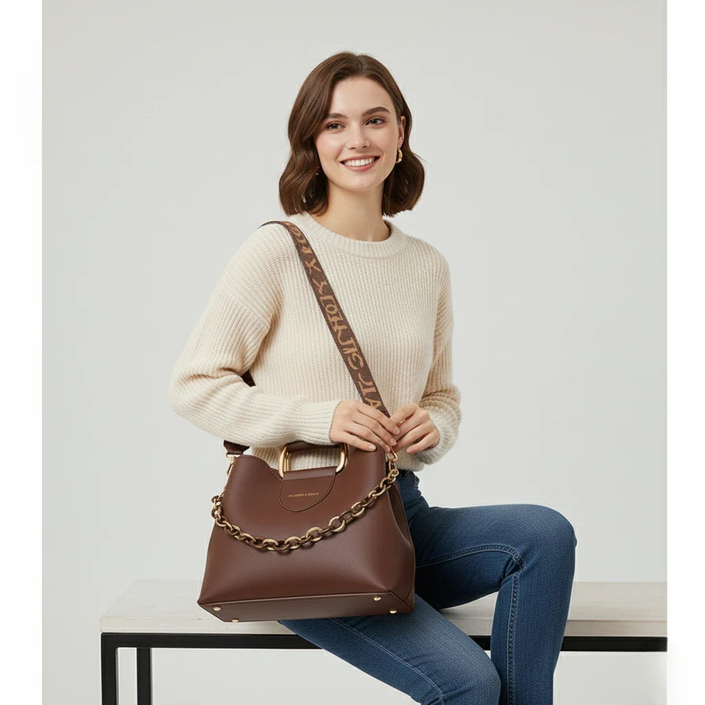 Woman holding a brown handbag with gold chain detail against a plain background