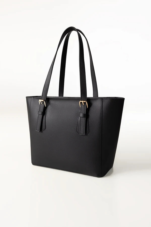 Black tote bag on a white background