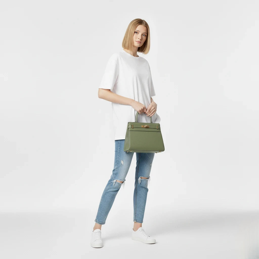Woman holding a green handbag against a white background