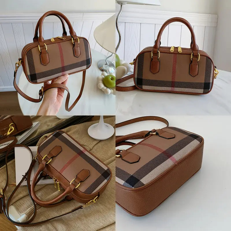 Brown handbag with plaid pattern on a white surface