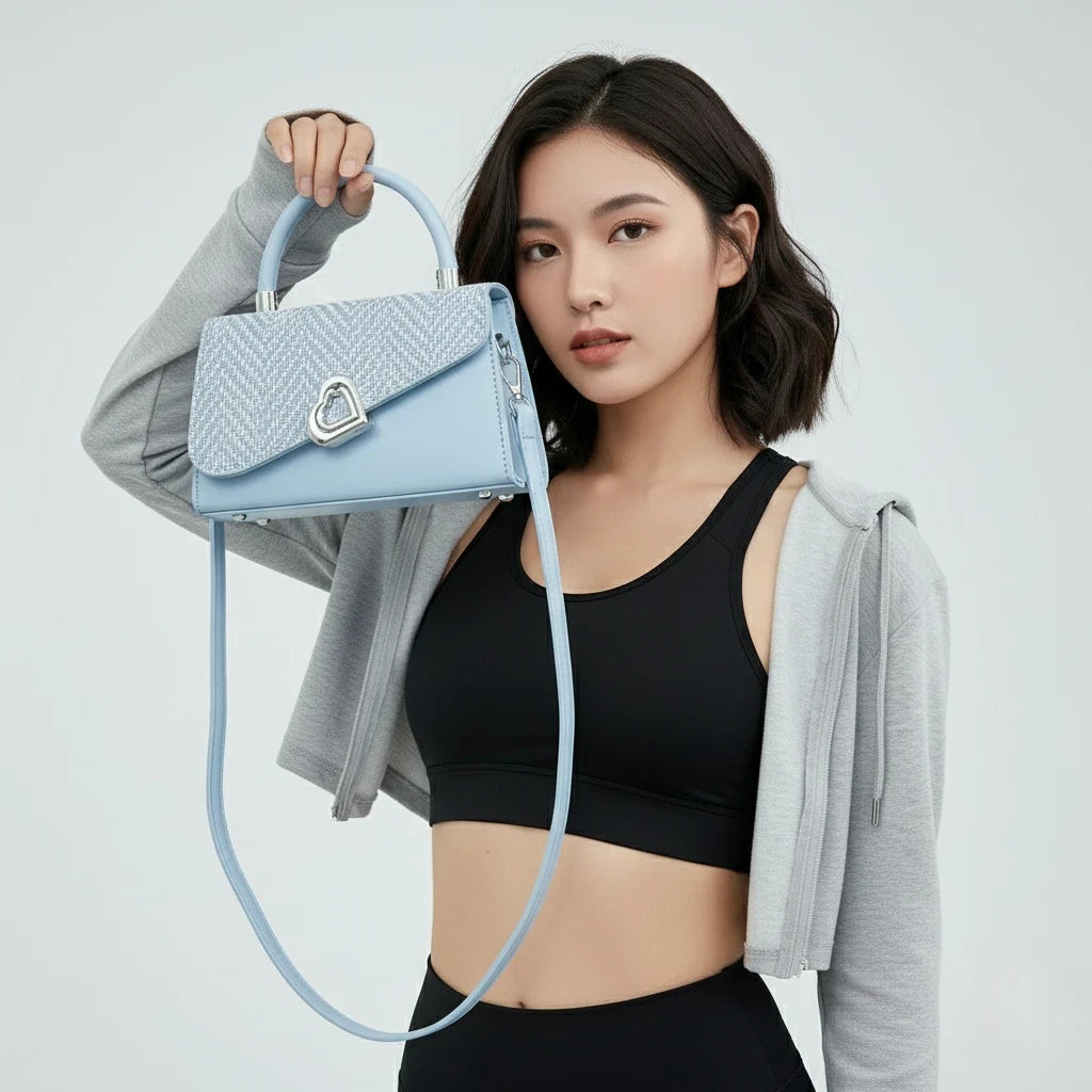 Woman holding a light blue handbag against a plain background