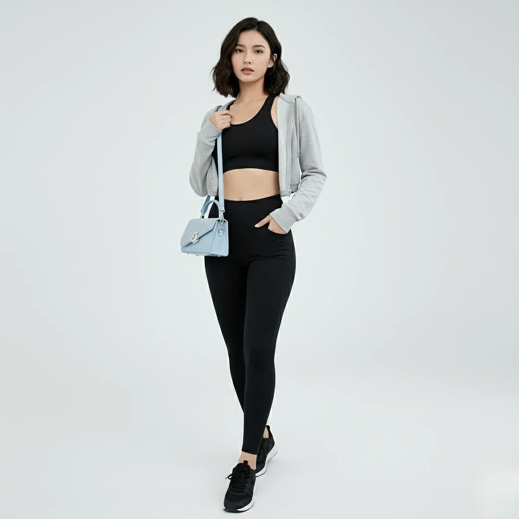 Woman in athletic wear with a light gray jacket and black leggings on a white background