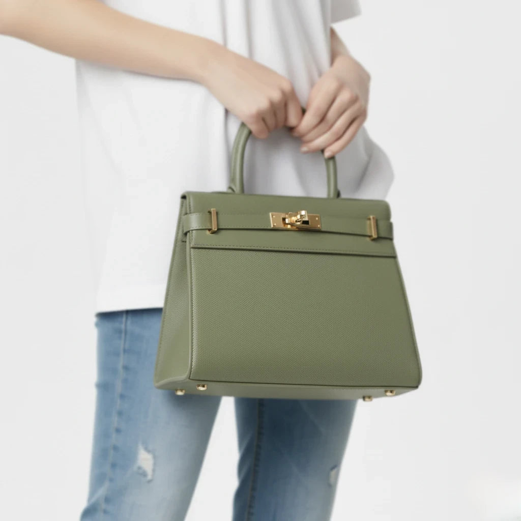 Green handbag held by a person wearing a white shirt and blue jeans on a light gray background