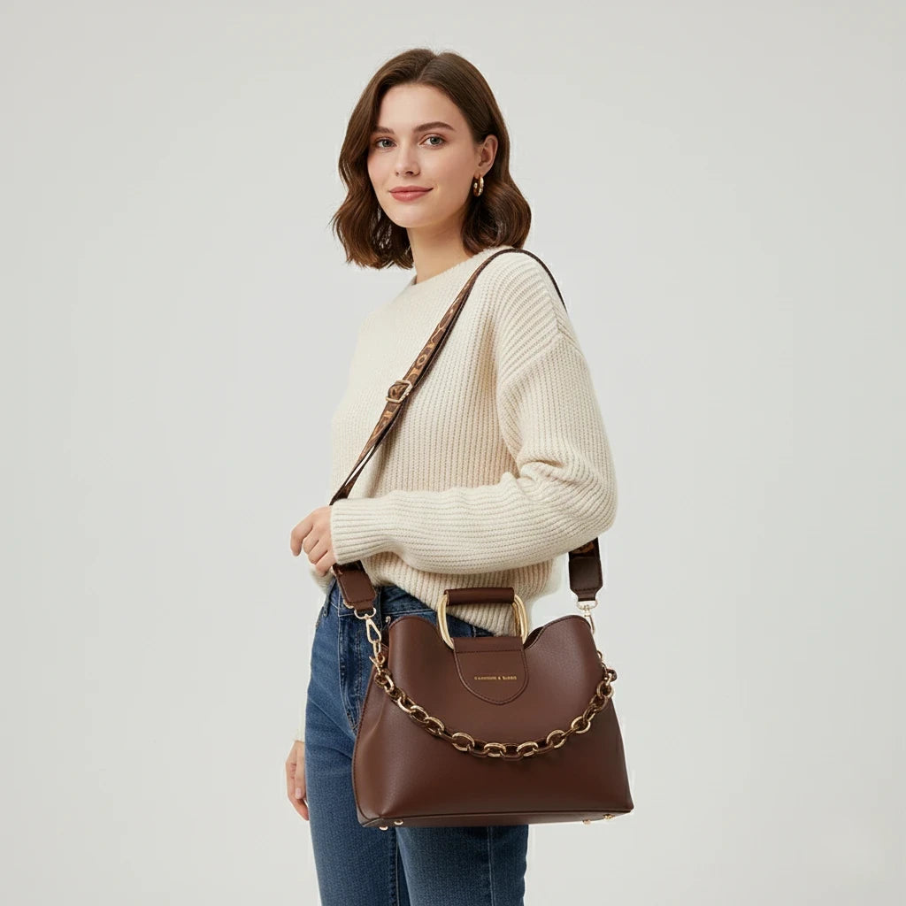 Woman holding a brown handbag against a plain background