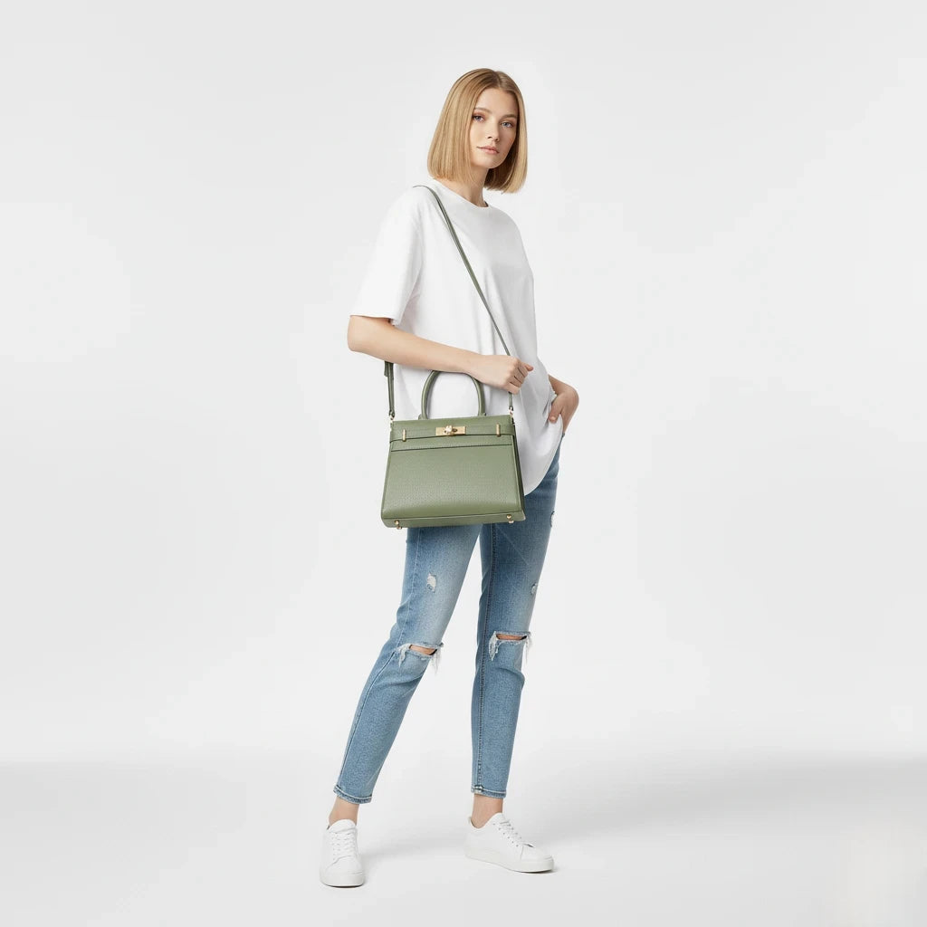 Woman holding a green handbag against a white background