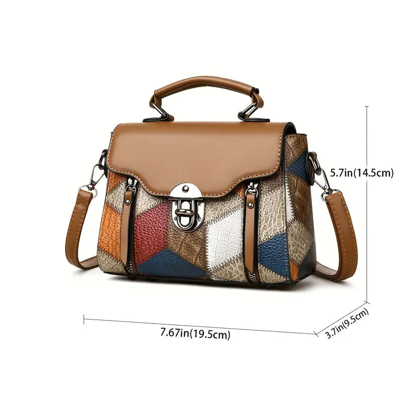 Multicolored patchwork handbag with brown handle and strap, featuring dimensions on a white background.