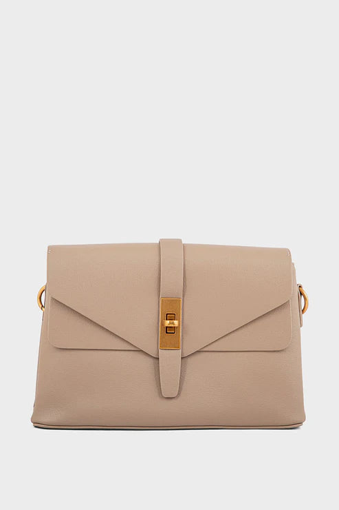 Beige handbag with a gold clasp on a light gray background