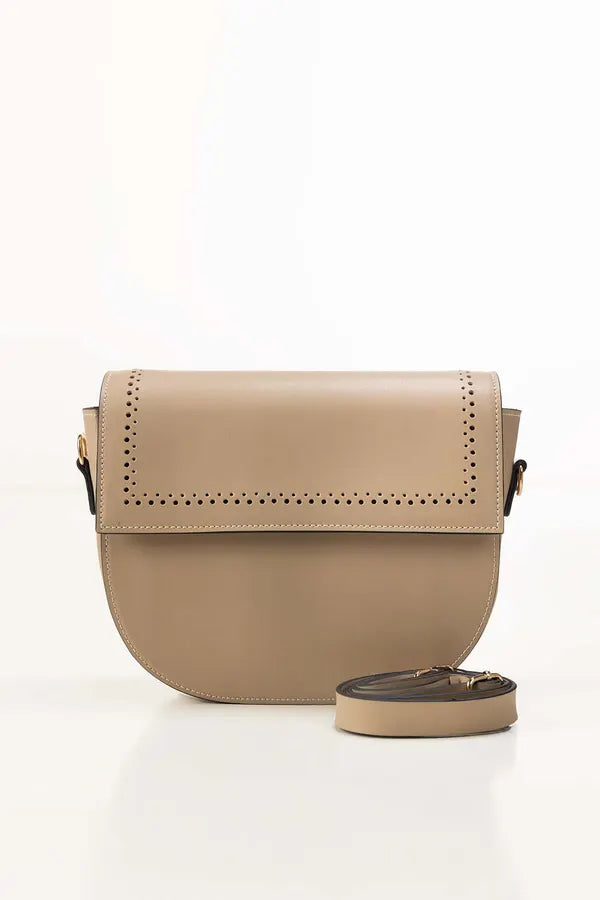 Beige handbag with a matching pouch on a white background