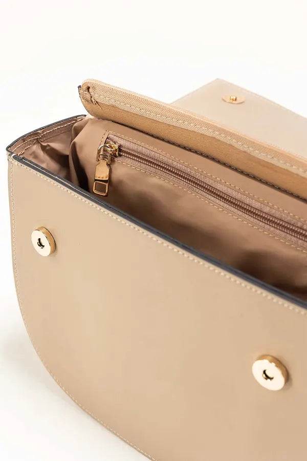 Beige handbag with gold accents on a white background
