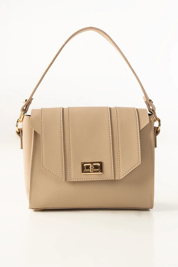 Beige handbag with a gold clasp on a white background