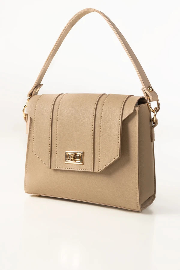Beige handbag with a gold clasp on a white background
