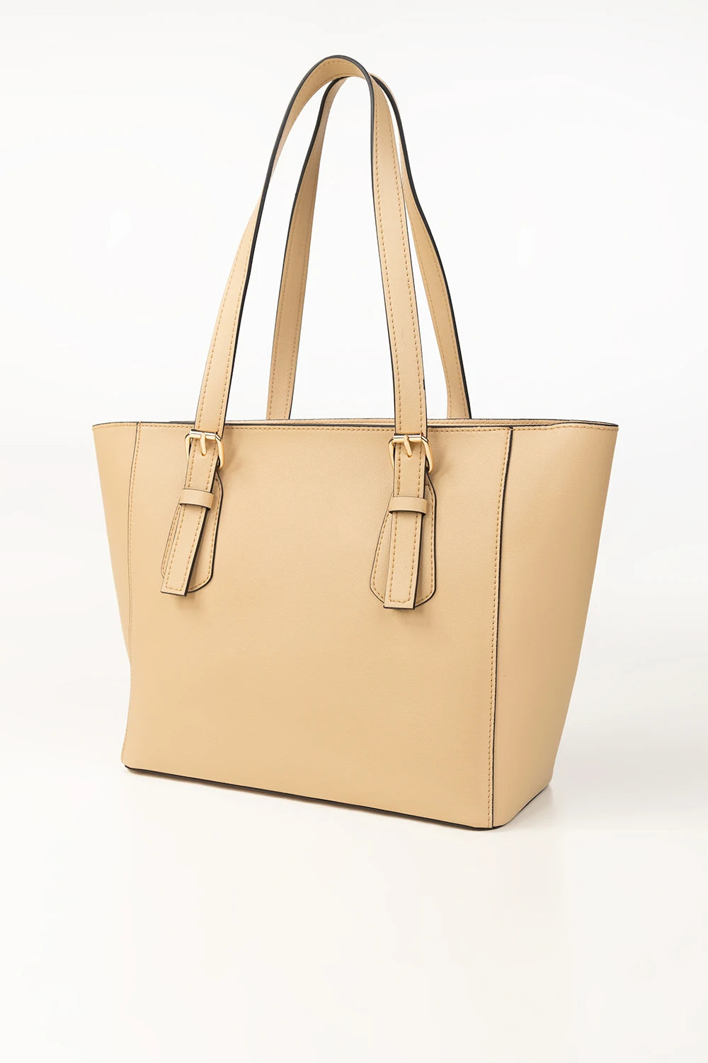 Beige tote bag with shoulder straps on a white background
