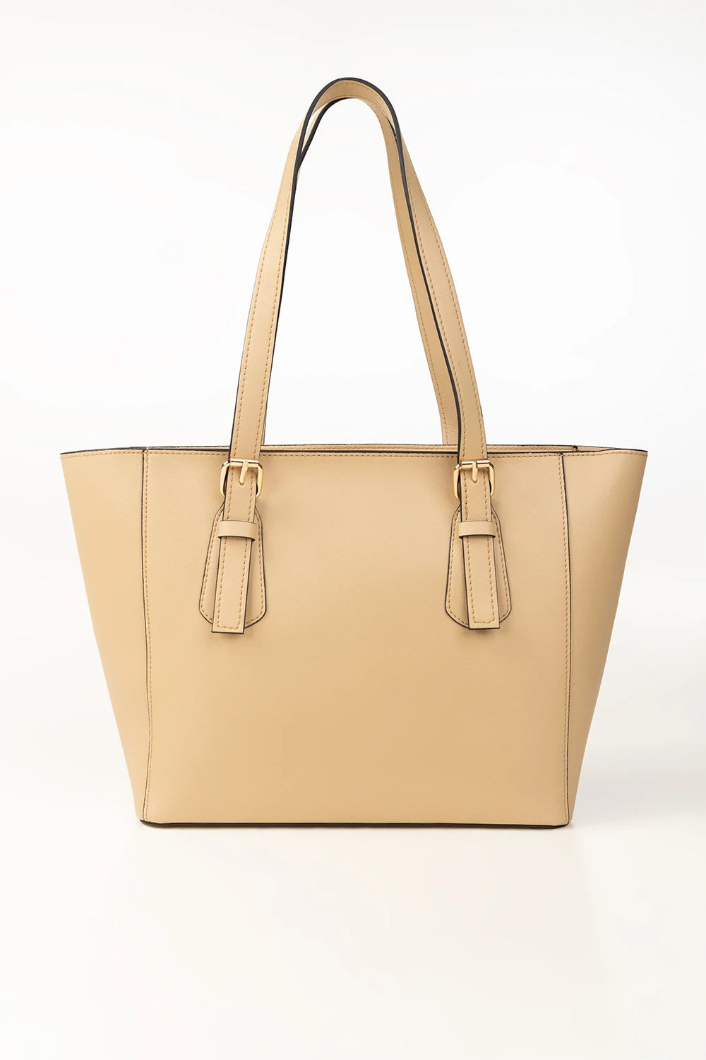 Beige handbag with a shoulder strap on a white background