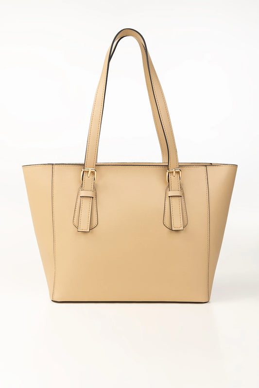 Beige handbag with a shoulder strap on a white background