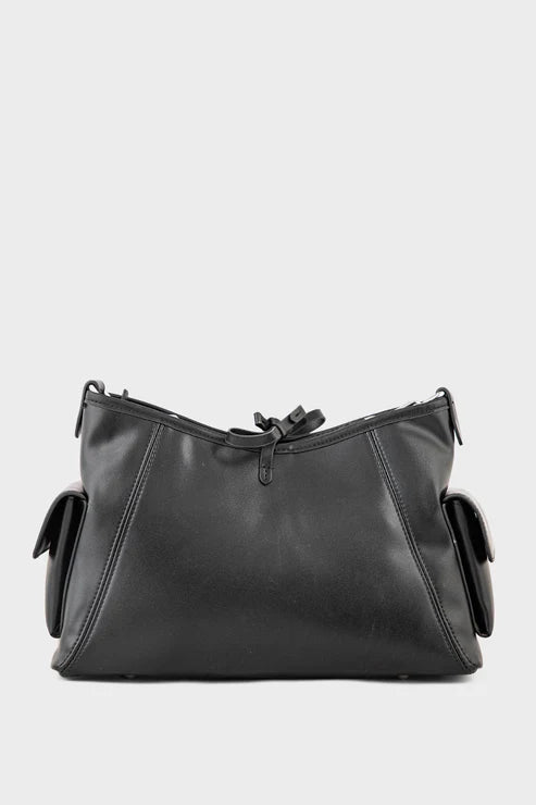 Black leather bag with a strap on a white background