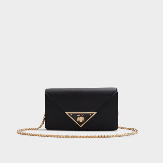 Black clutch bag with gold chain and Aldo logo on a light gray background