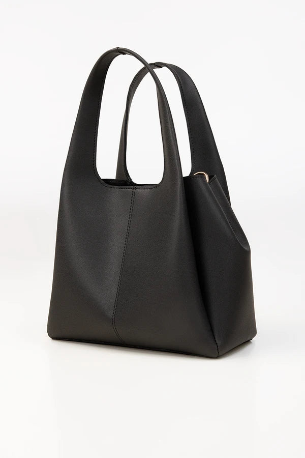 Black leather handbag on a white background