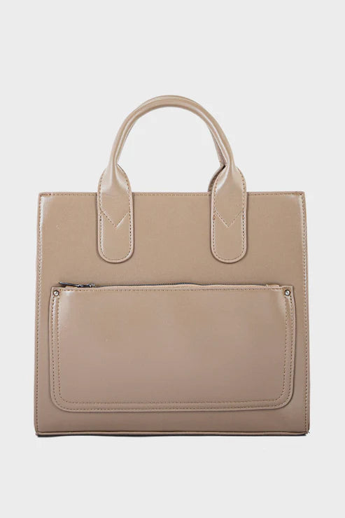 Beige handbag with a pocket on a white background