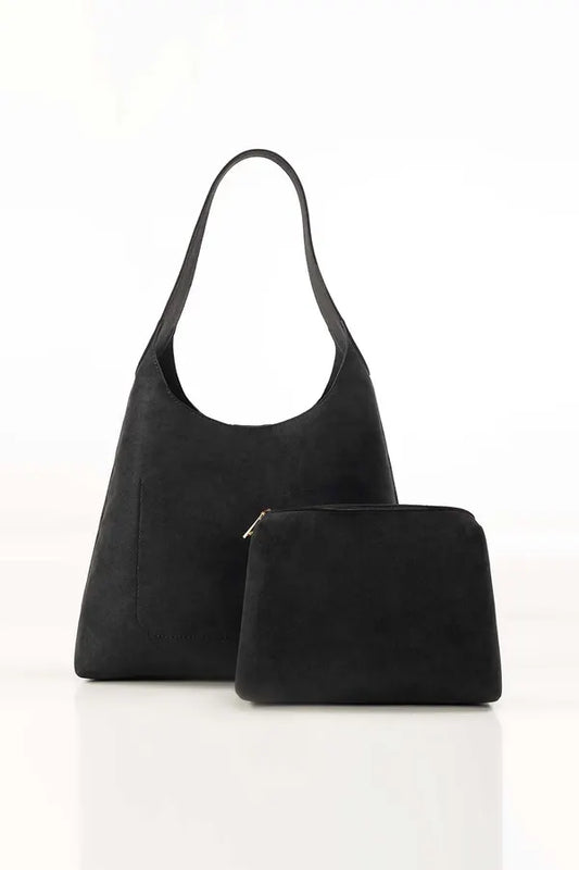 Black handbag and matching pouch on a white background