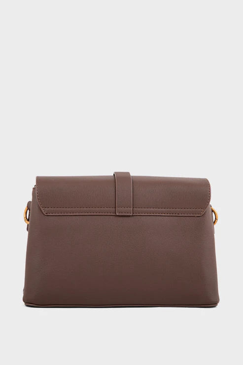 Brown handbag with gold accents on a light gray background