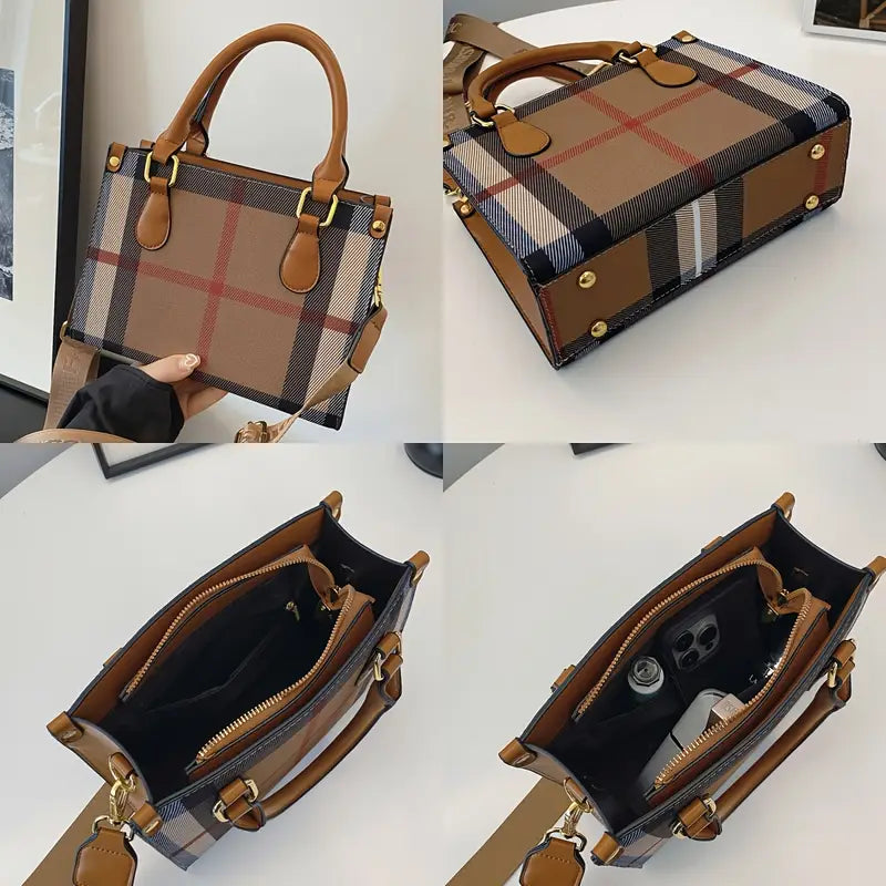 Plaid patterned handbag with brown leather accents on a white surface