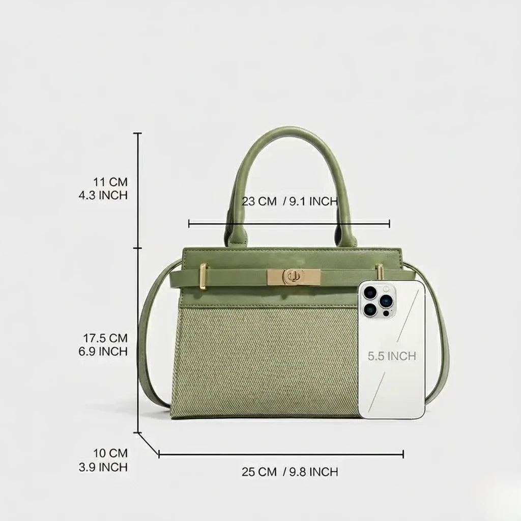 Green handbag with dimensions labeled on a white background