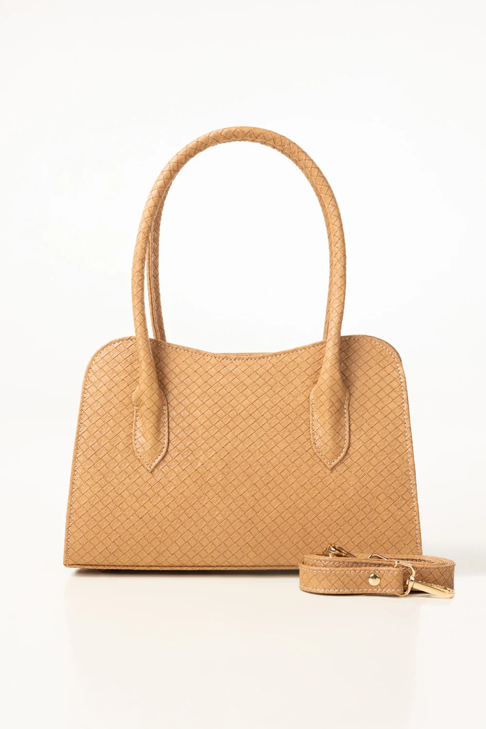 Tan woven handbag with matching strap on a white background