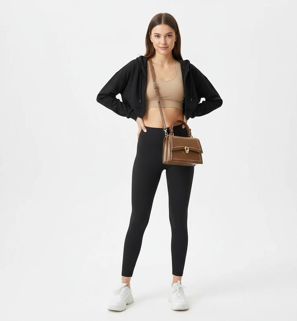 Woman wearing a black jacket, beige top, black leggings, and white sneakers, holding a brown handbag on a white background.