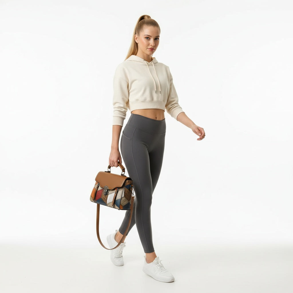 Woman wearing a beige hoodie and gray leggings holding a patterned handbag on a white background
