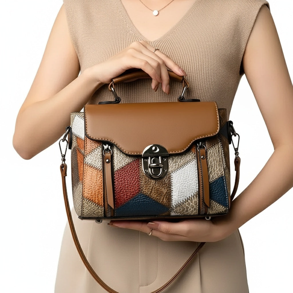 Woman holding a patchwork handbag with a neutral background