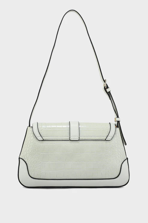 White handbag with a strap on a light gray background