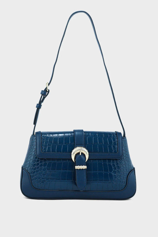 Blue handbag with a gold buckle on a light gray background