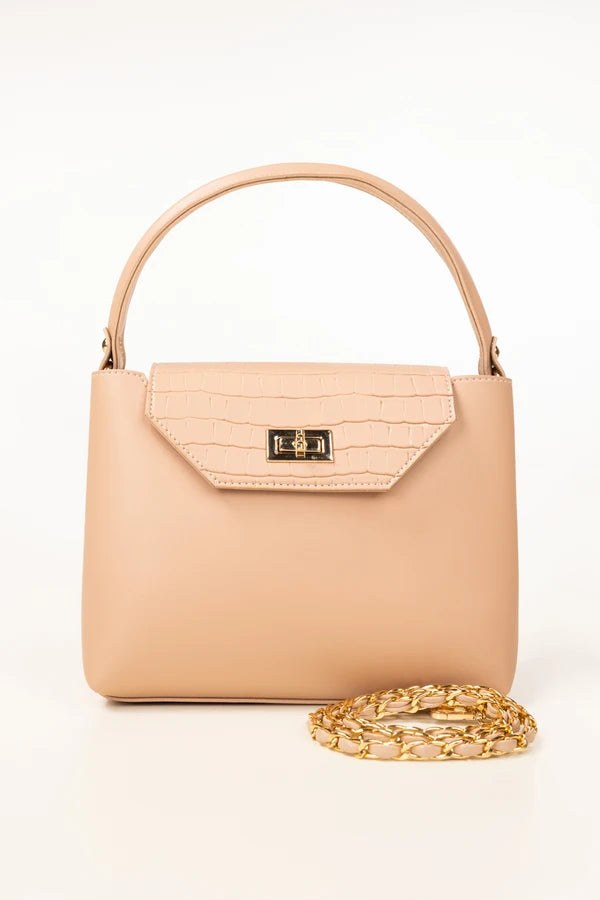 Beige handbag with a gold chain on a white background