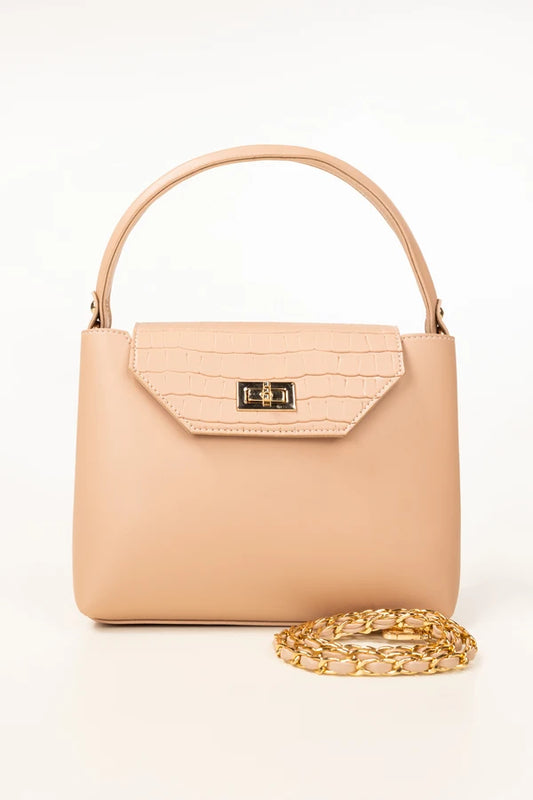 Beige handbag with a gold chain on a white background