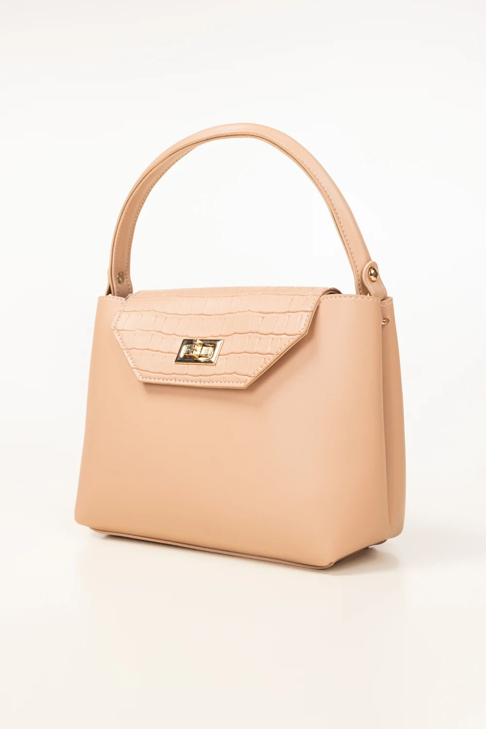Beige handbag with a gold clasp on a white background