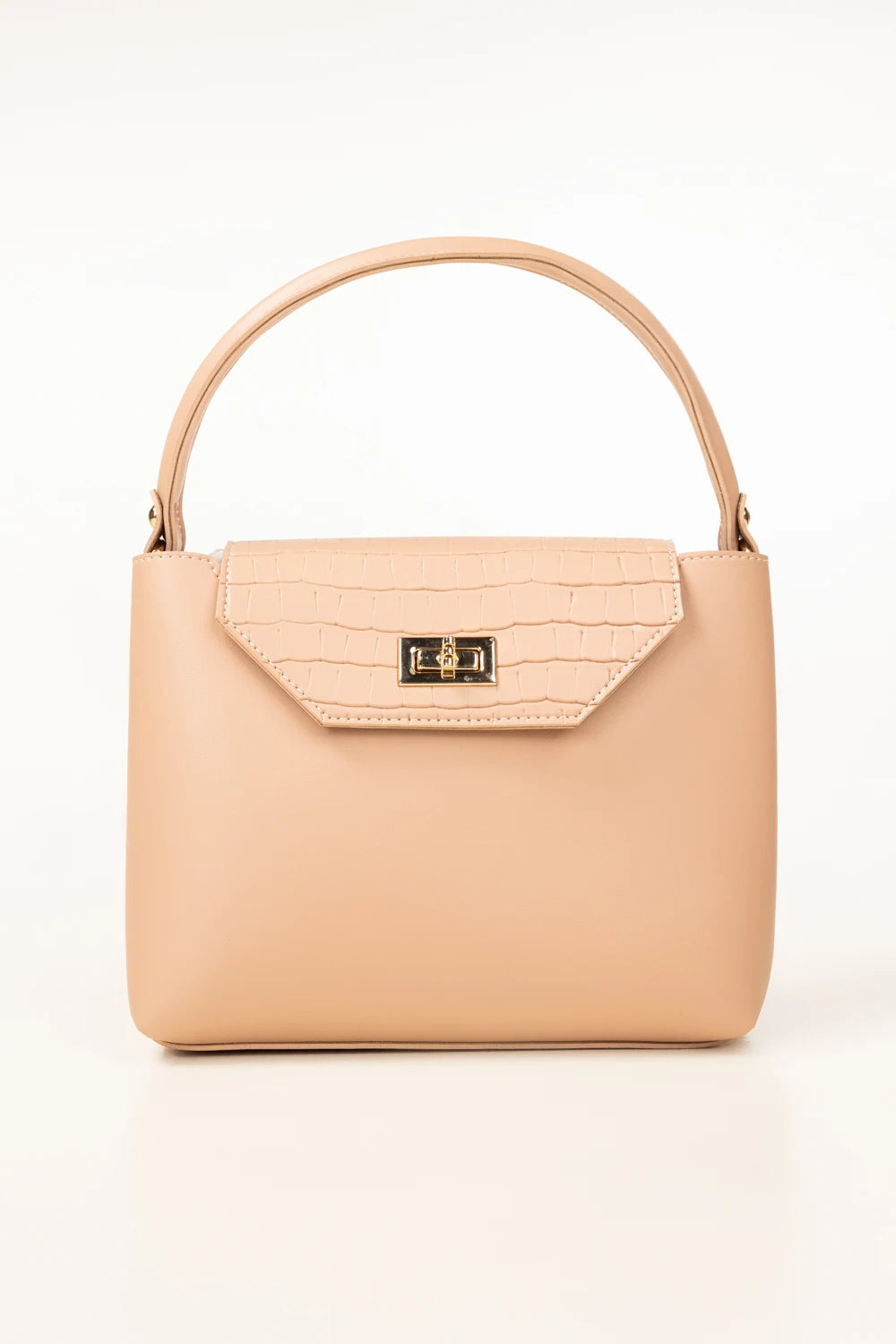Beige handbag with a gold clasp on a white background