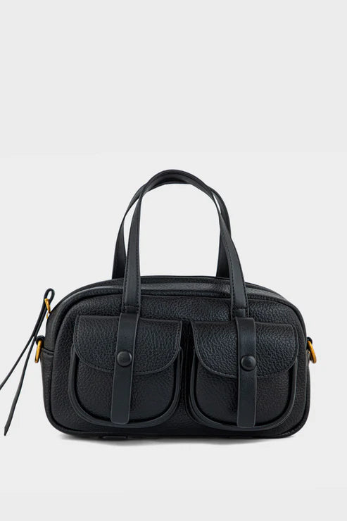 Black handbag with gold accents on a white background