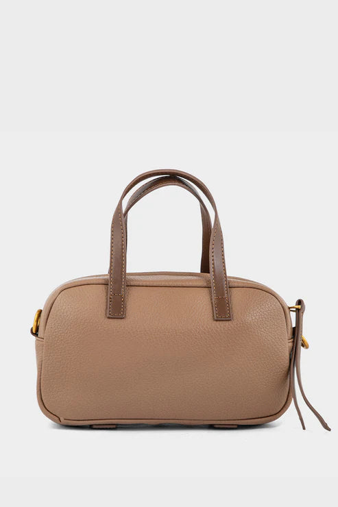 Brown handbag with a strap on a white background