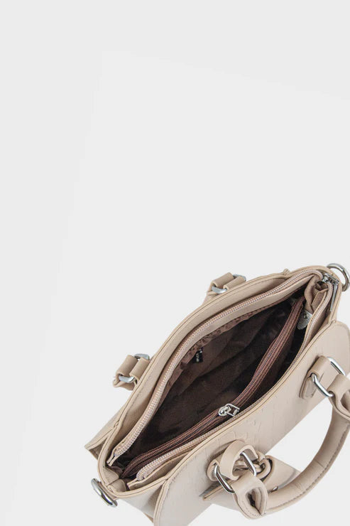 Beige handbag with open compartment on a light gray background
