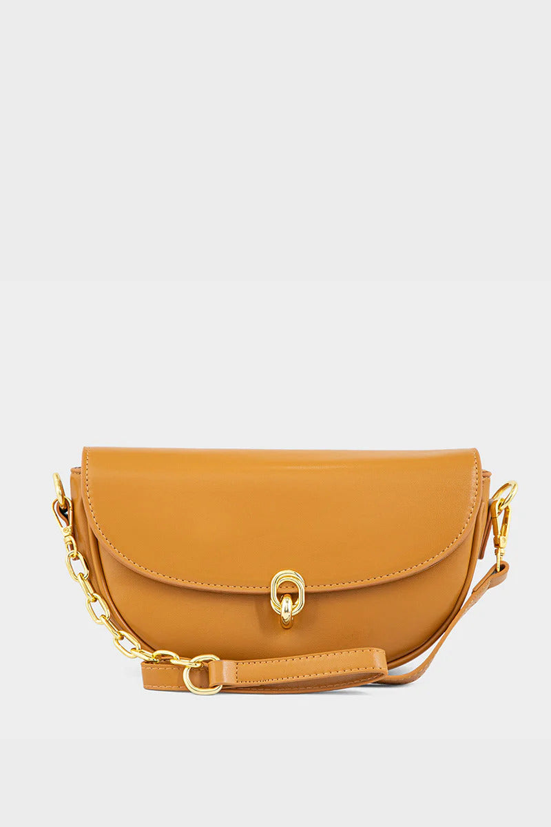 Brown handbag with gold chain and clasp on a light gray background