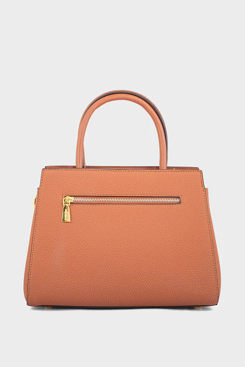 Brown handbag with a gold zipper on a light gray background