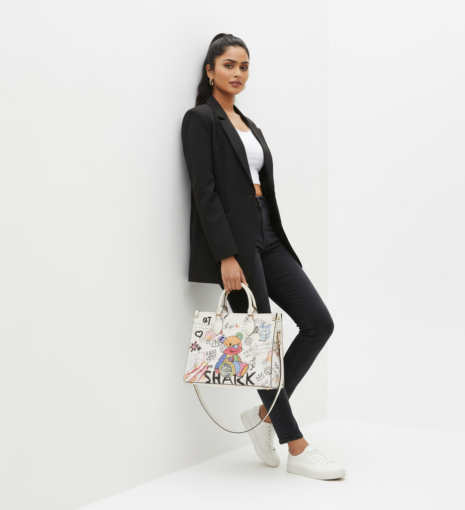 Woman in a black suit holding a colorful handbag with a shark design on a white background