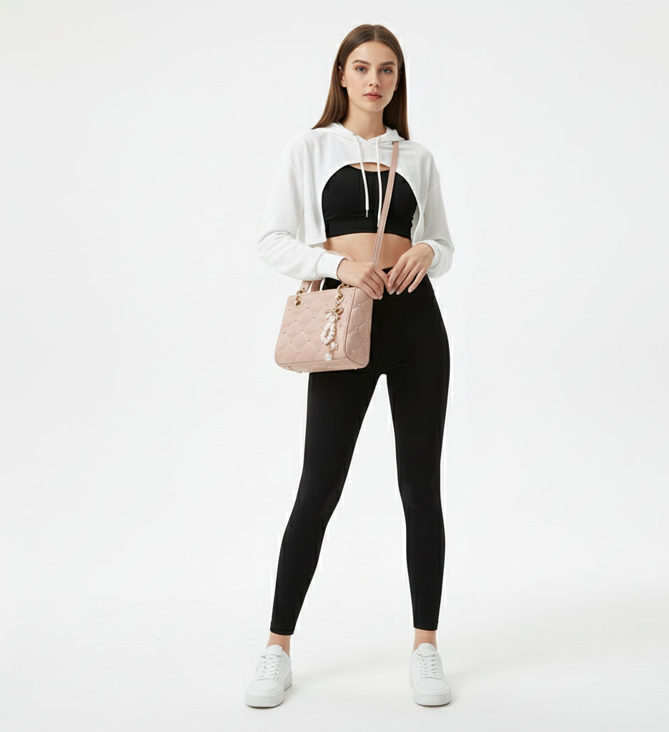 Woman wearing a white hoodie, black sports bra, and leggings with a pink bag on a white background