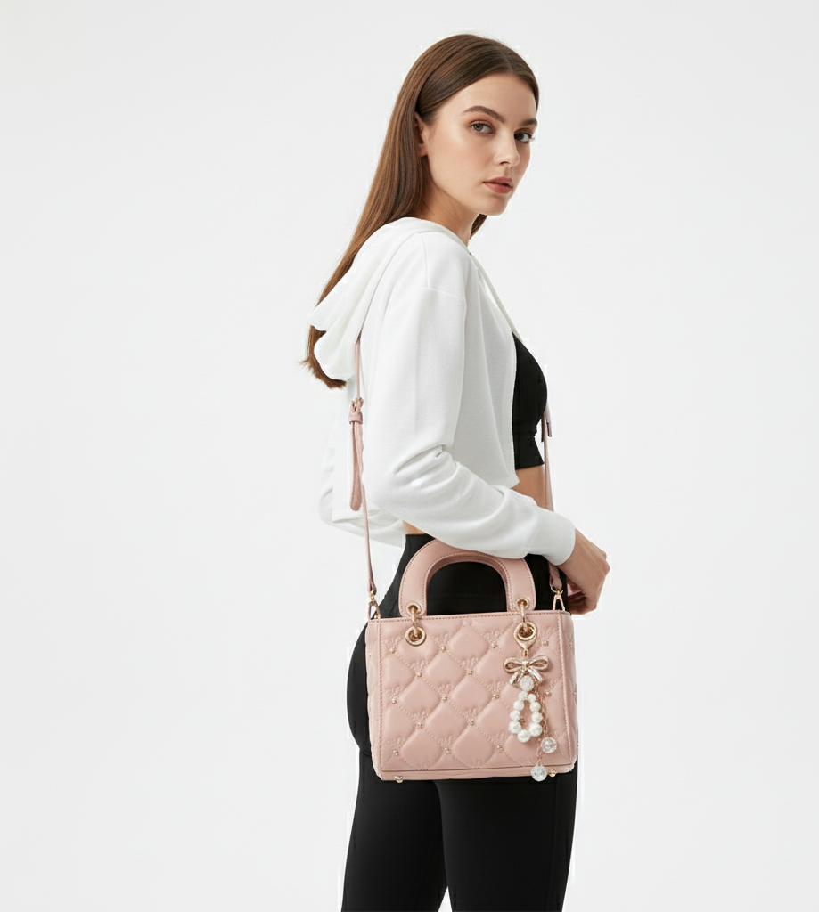 Woman holding a pink quilted handbag with decorative elements on a white background