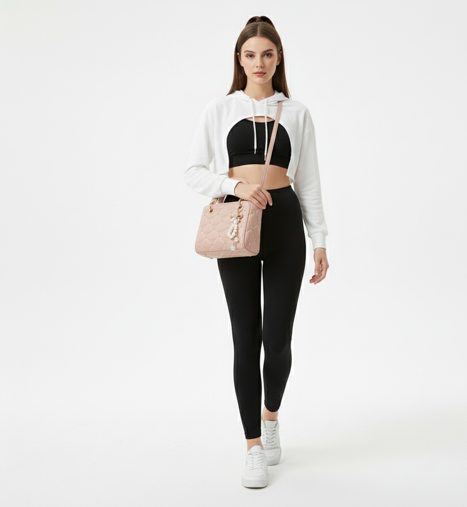 Woman wearing a white hoodie, black leggings, and holding a pink bag on a white background
