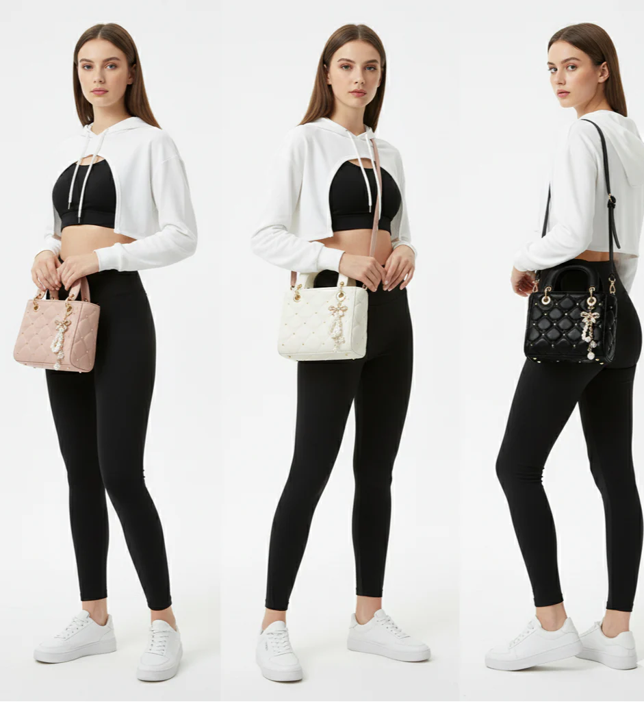 Woman wearing a white hoodie and black leggings with different handbags on a white background