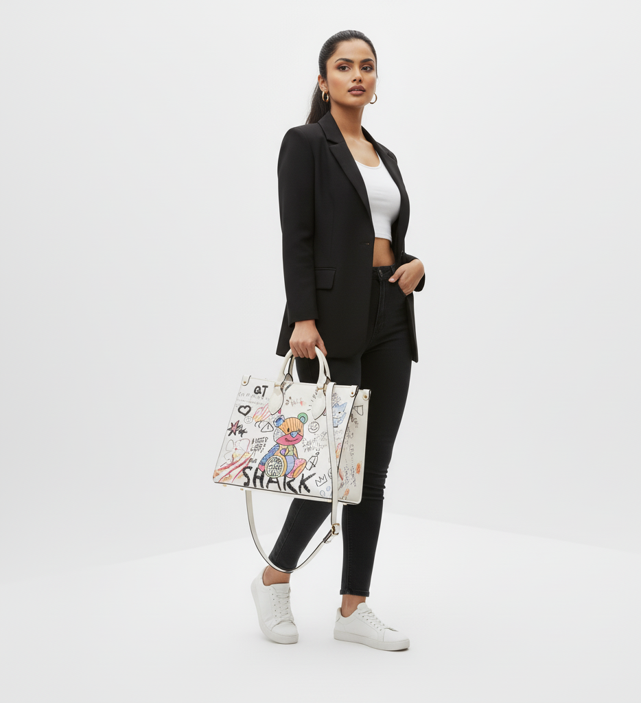 Woman in a black suit holding a colorful handbag on a white background