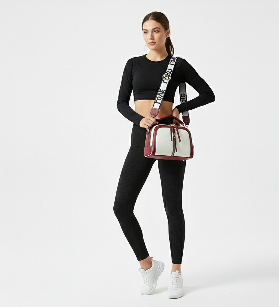 Woman in black athletic wear holding a red and white handbag on a white background